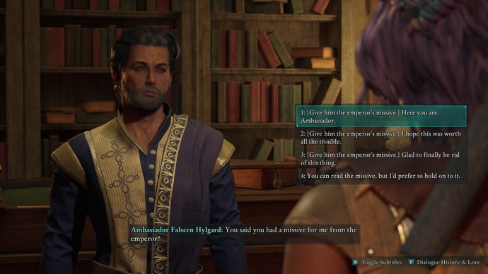 Ambassador Hylgard speaks to the player in Avowed.