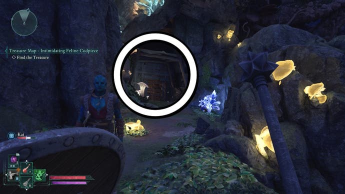 White circle showing the location of the feline treasury of the intimidating codpeice by confessed.