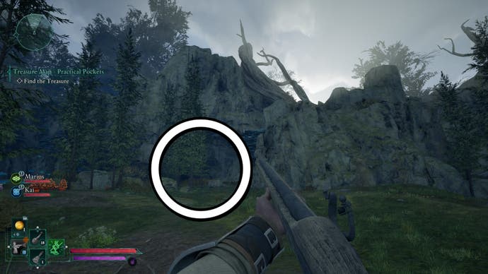 Circle showing the location of the Practical Pockets treasure in Avowed.