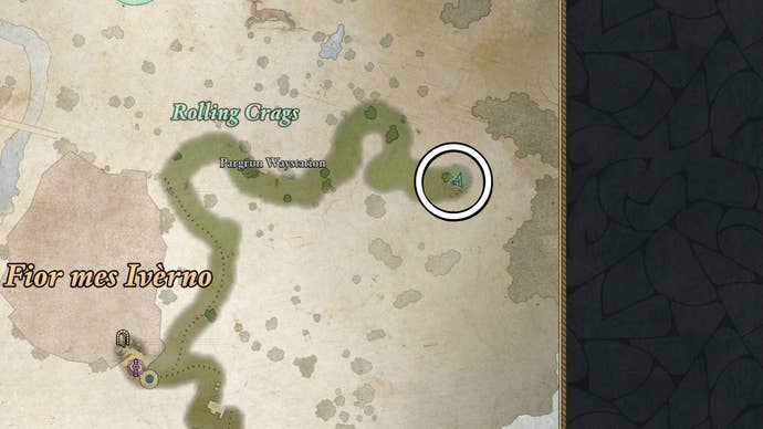 Circled map view of the Practical Pockets treasure location in Avowed.