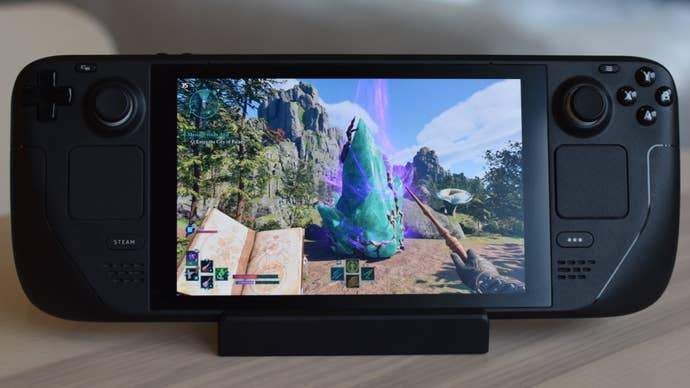 Beholding a giant crystal in Avowed, running on a Steam Deck.