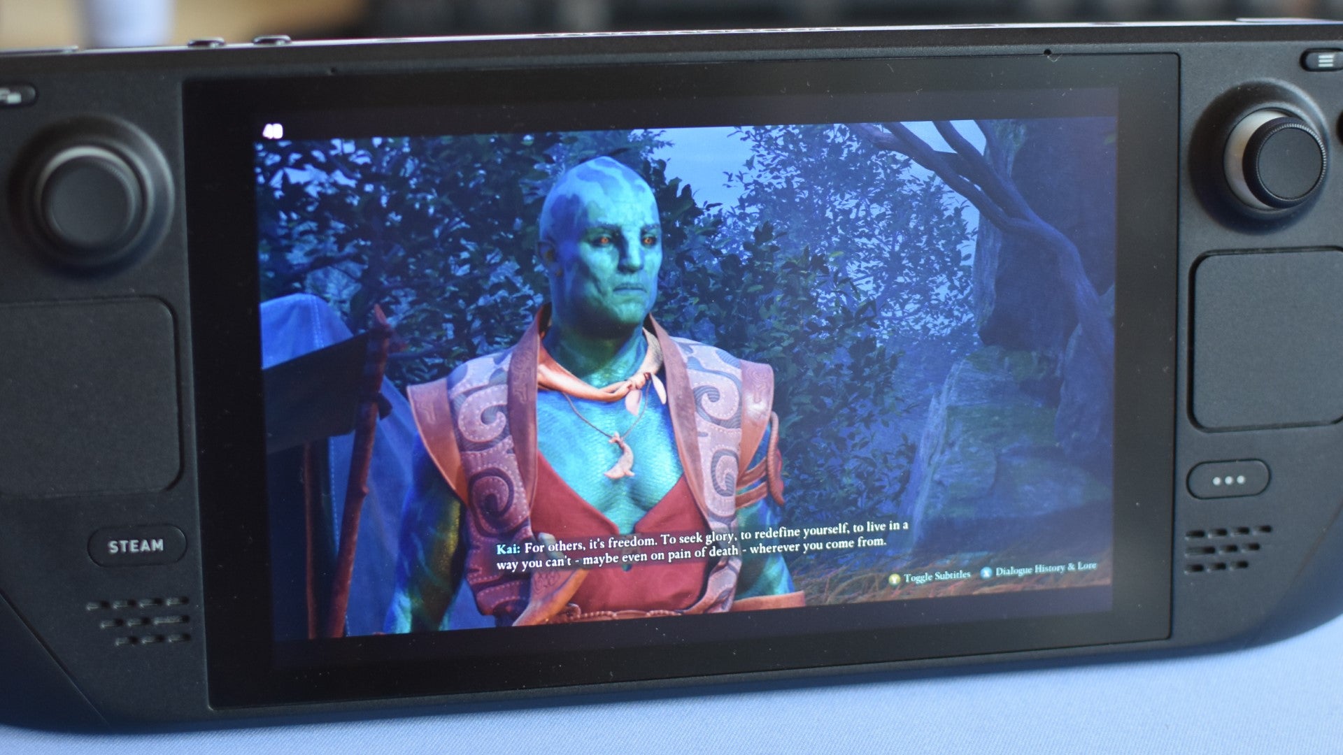 Kai makes campfire conversation in Avowed, running on a Steam Deck. - 5