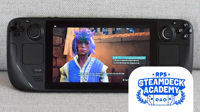 The Envoy considers a dialogue choice in Avowed, running on a Steam Deck. The RPS Steam Deck Academy symbol is added in the bottom-right corner.