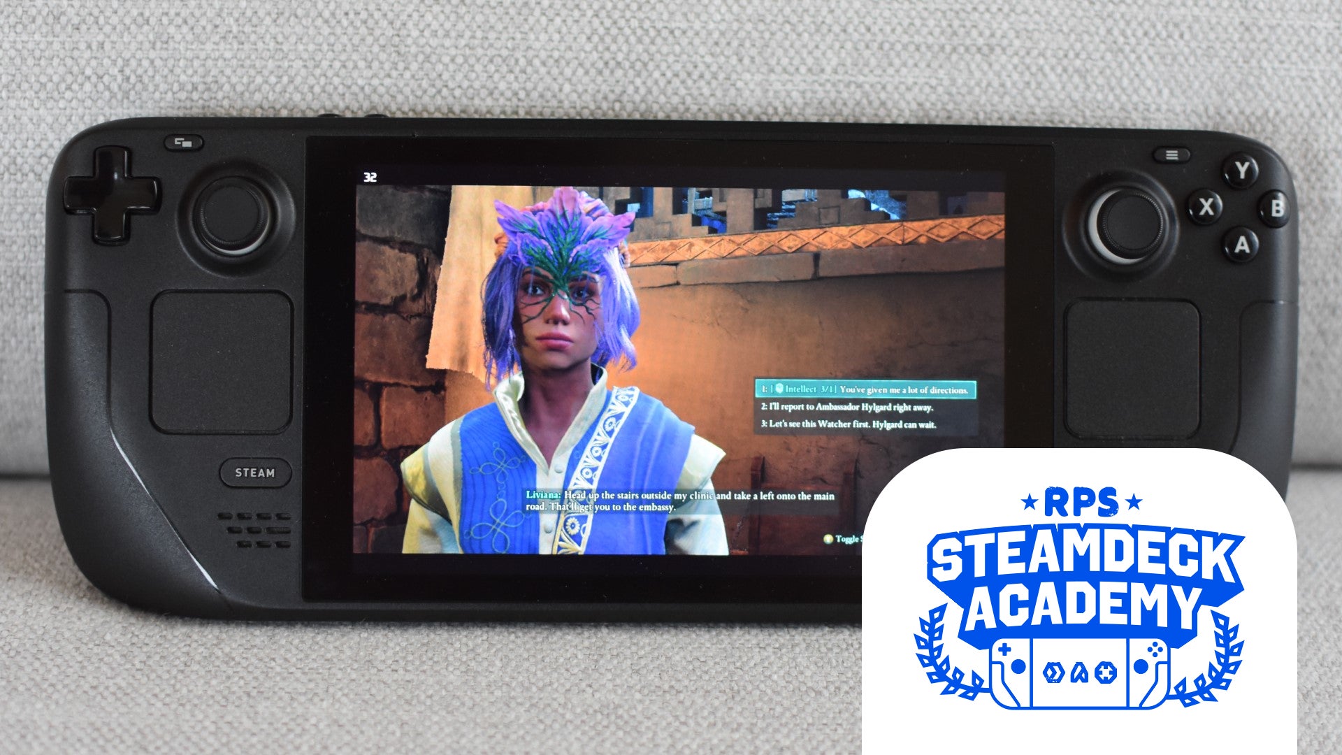 The Envoy considers a dialogue choice in Avowed, running on a Steam Deck. The RPS Steam Deck Academy symbol is added in the bottom-right corner. - 1