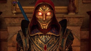 Avowed screenshot showing a fiery-eyed figure in a mask.