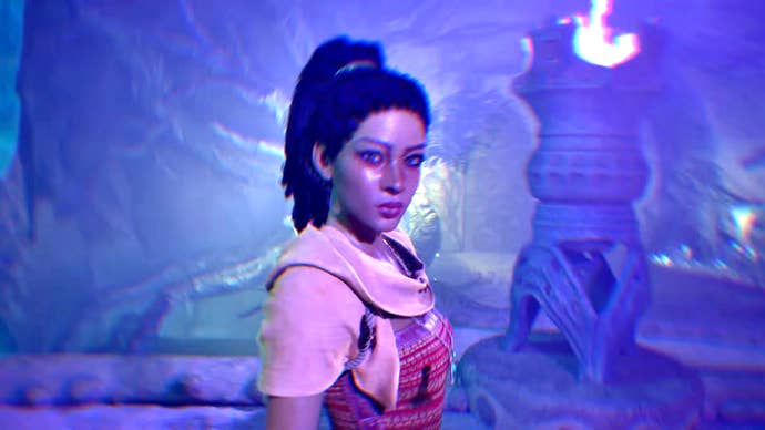 Avowed screenshot showing a main character surrounded by purple magic.