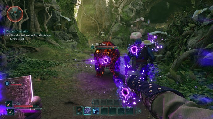 Fighting a black bear with magic in Avowed.