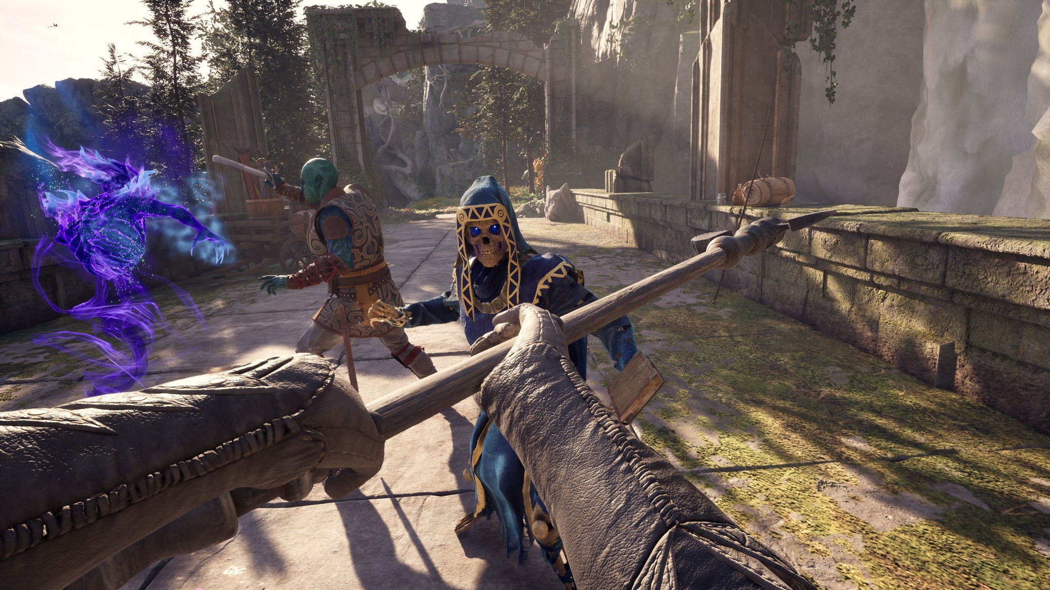 A first-person view of the player swinging a hammer at a skeleton person in Avowed - 1