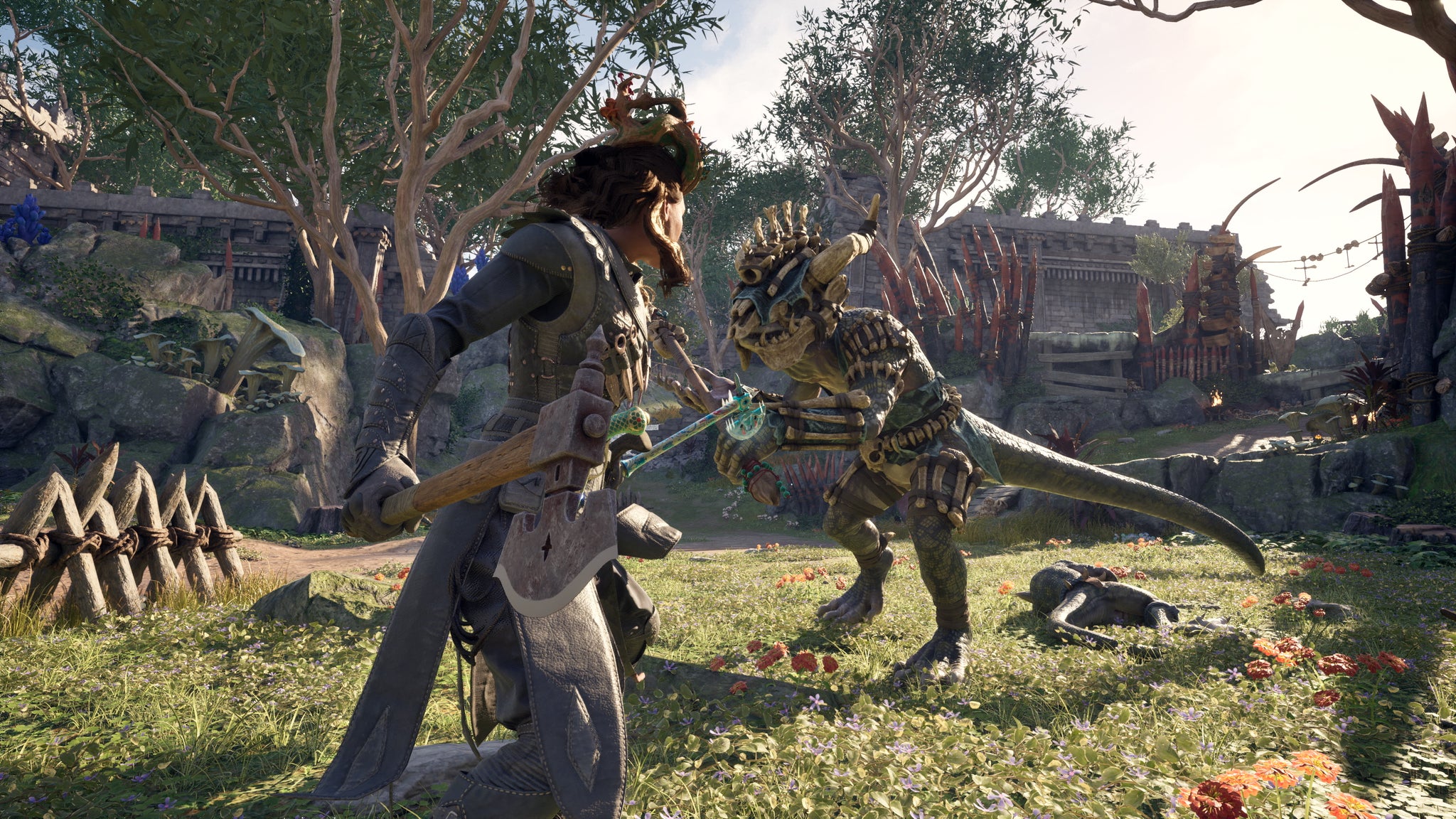 Two lizard people standing with swords in the wilderness of Avowed - 5