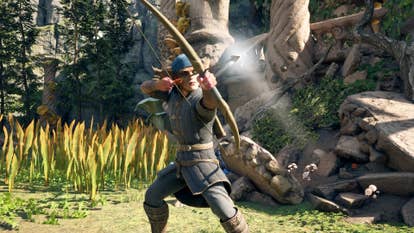 A woman readies her bow in a forest scene in Avowed.