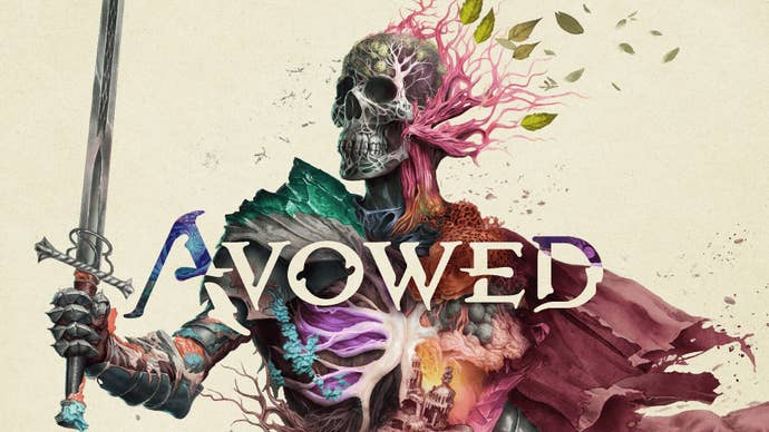 A poster image for Obsidian’s new RPG Avowed. It shows an armoured skeleton holding a sword, except, there’s a kind of pink tree growing out of the skeleton’s head, and its lungs are purply and tree-like too. It gives the sense that this skeleton is animated by some nature-related magical force. Lucky beggar.