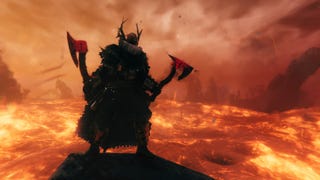 A Viking in full armour holds two glowing red hatchets. In the background is a lake of lava.