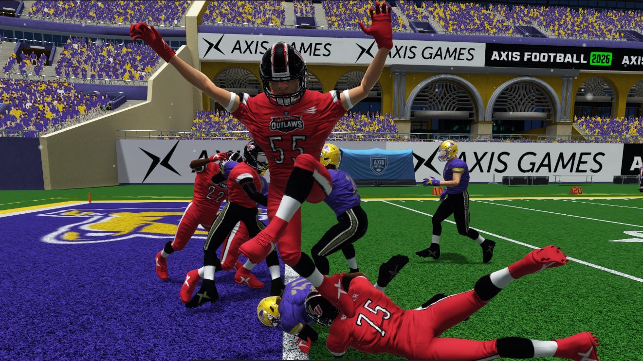 An American footballer leaps clear of a scrum in Axis Football 2026.