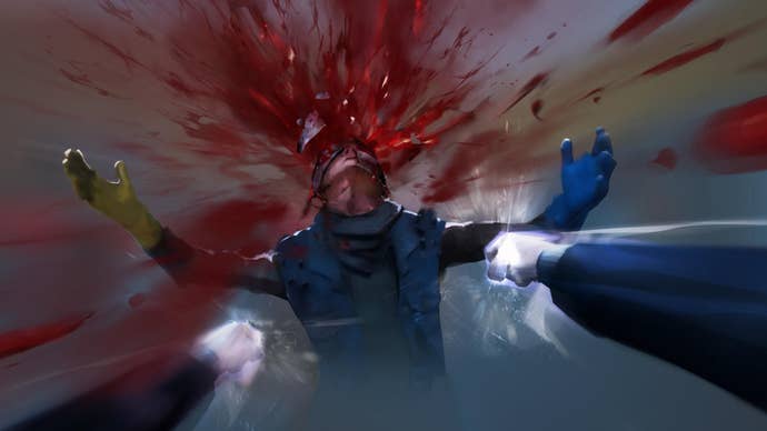 A promotional image for Vampire: The Masquerade - Bloodlines 2 showing blood bursting out of an enemy’s head as the player looks on in first-person.