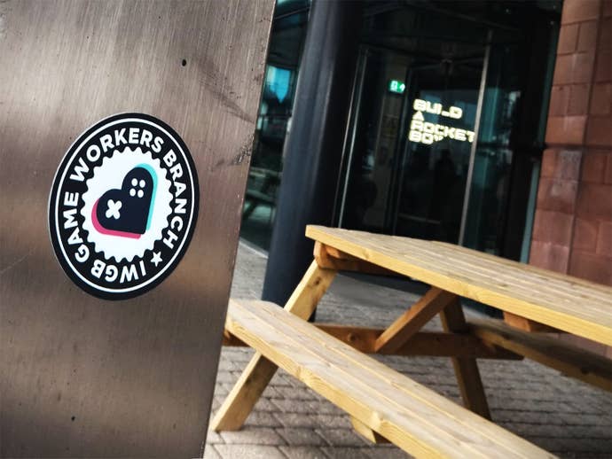 Image of Build A Rocket Boy studio with park bench and IWGB union sticker on a wall