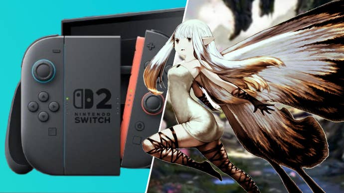Switch 2 console with a cutout of the flying fairy, Airy, from Bravely Default.