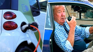 An electric vehicle charging, Jeremy Clarkson sits disapprovingly in a Lancia Montecarlo