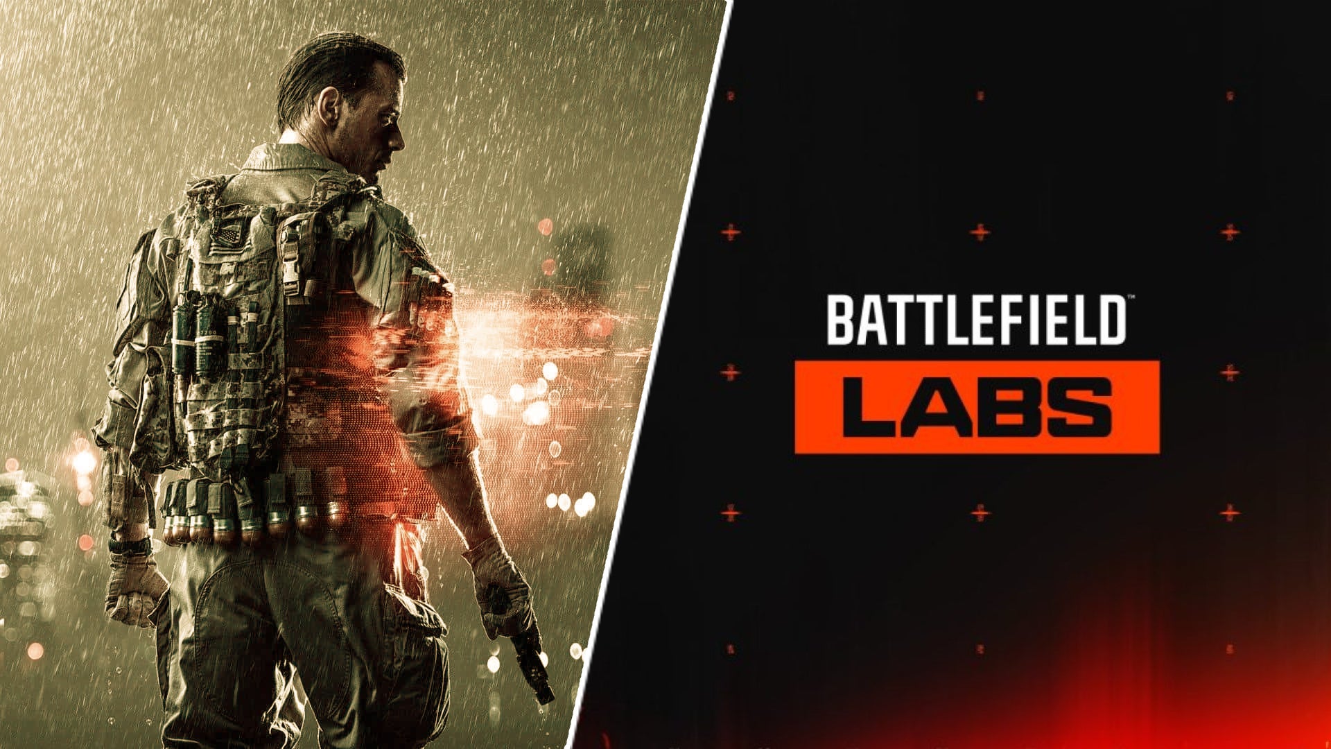 A slightly sepia-toned image of a solider in Battlefield Labs next to a logo for the testing of the new EA venture. - 1