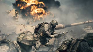 Official Battlefield 6 image showing a soldier with a machine gun surrounded by tanks and explosions