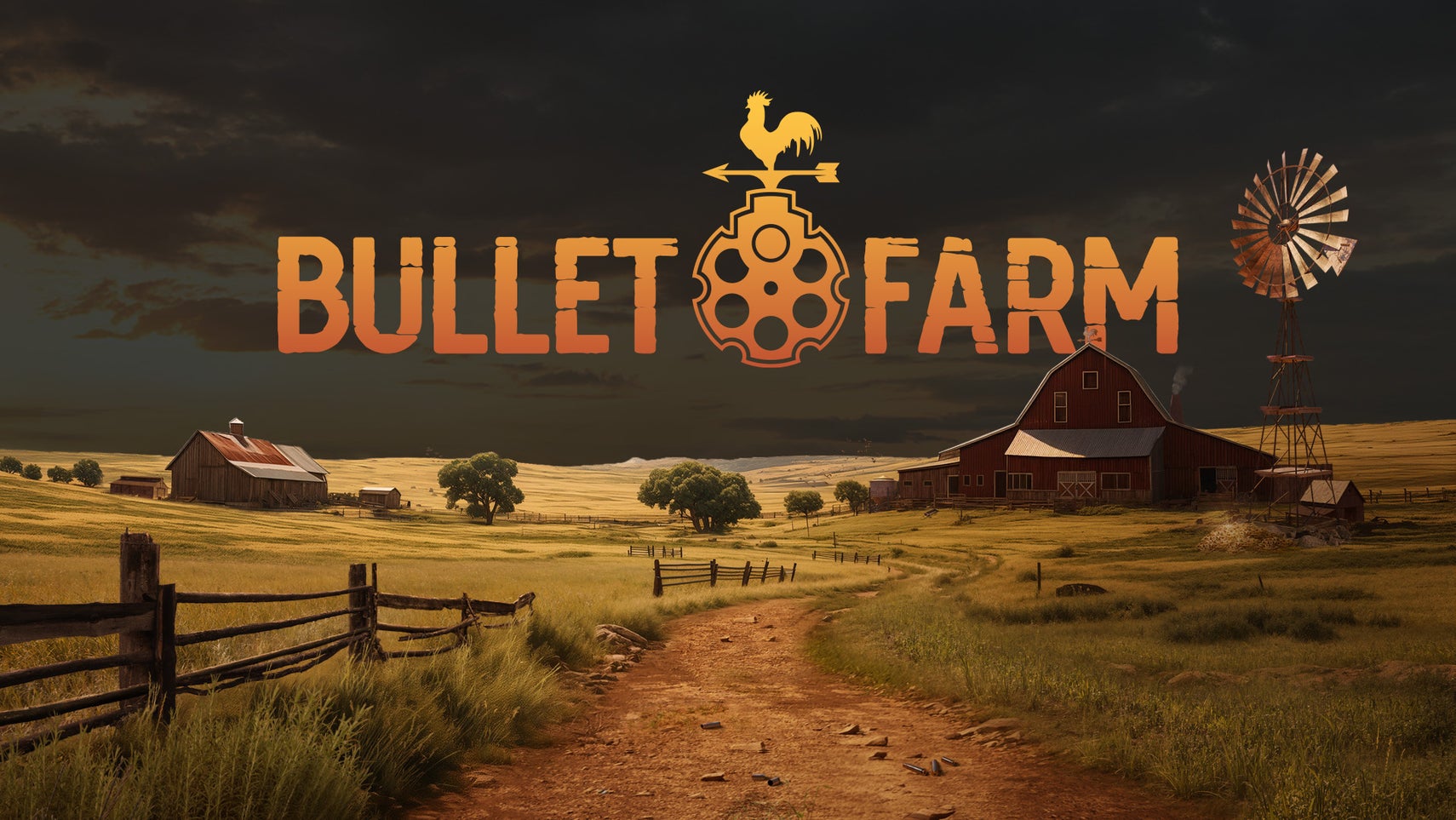 The BulletFarm game studio logo set above rolling American fields - 1