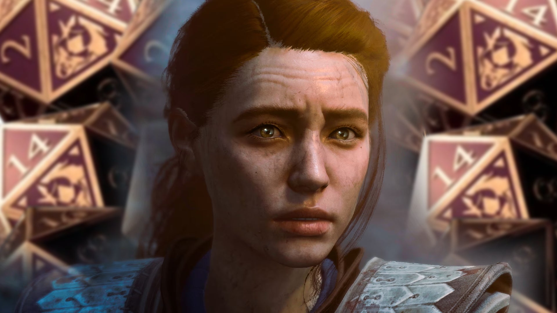 A perturbed character from Baldur's Gate 3 looks concerned on top of a background of Karmic D20 Dice. - 1