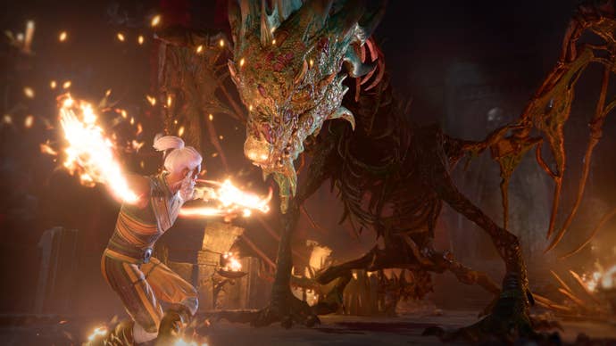 A Baldur’s Gate 3 character taking on a tough foe.