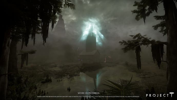 Capture d'écran du projet T montrant un marais sombre avec un bâtiment dans le brouillard et une lumière rougeoyante