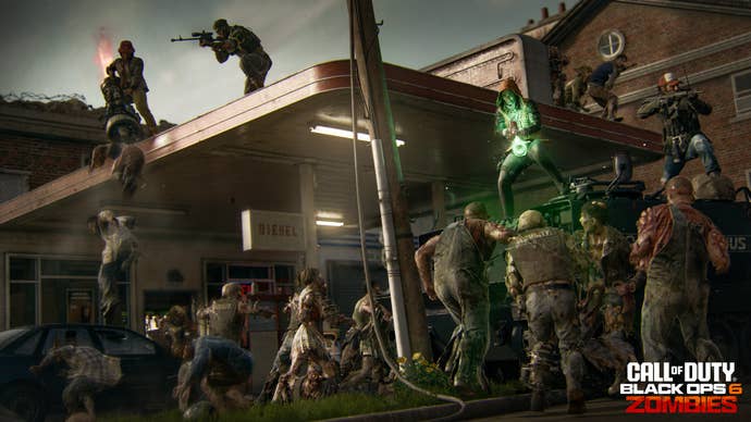 Players can be seen fighting a horde of zombies at the Liberty Falls gas station in Call of Duty: Black Ops 6 Zombies