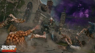 A player character uses the Jet Gun on zombies in the Liberty Falls cemetery in Call of Duty: Black Ops 6 Zombies