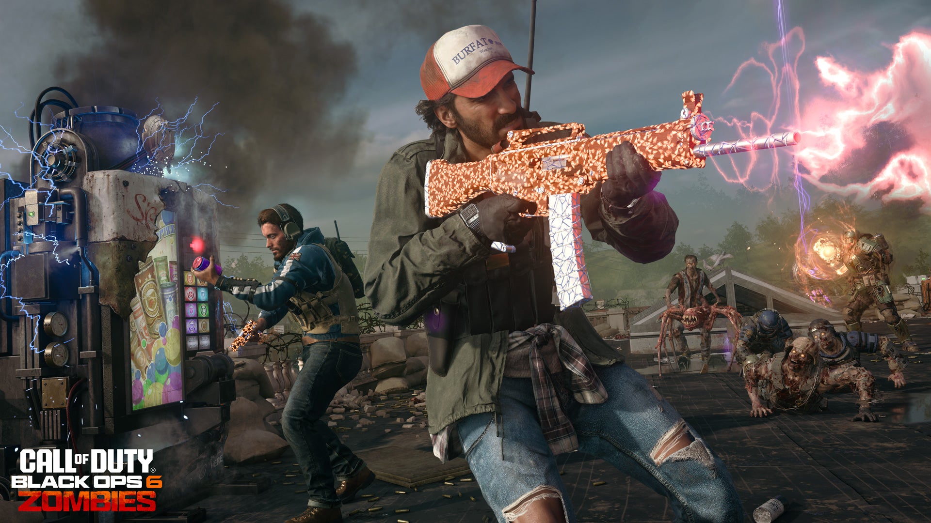 A player can be seen using their weapon while another interacts with The Arsenal in Call of Duty: Black Ops 6 Zombies - 1