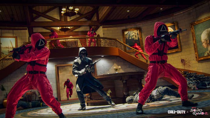 Front Man and Squid Game soldiers swarm the area, guns drawn