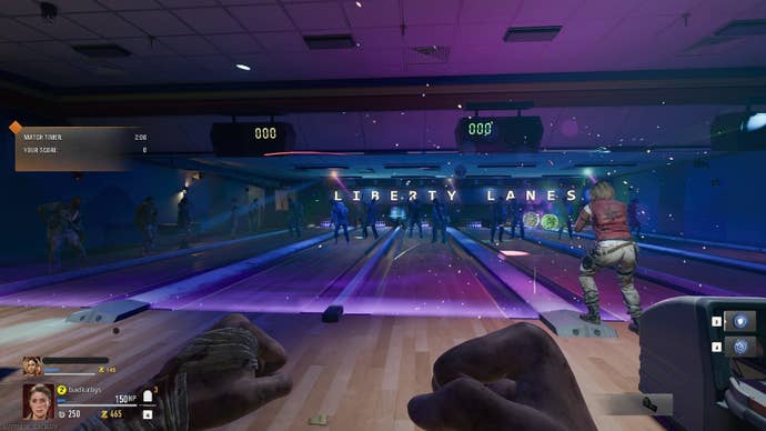 The player is in a different version of Liberty Falls' bowling alley, where they can bowl for zombies in Call of Duty: Black Ops 6