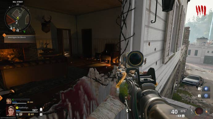 The player aims at a pair of bowling shoes inside of a zombie spawn point on Liberty Falls in Call of Duty: Black Ops 6