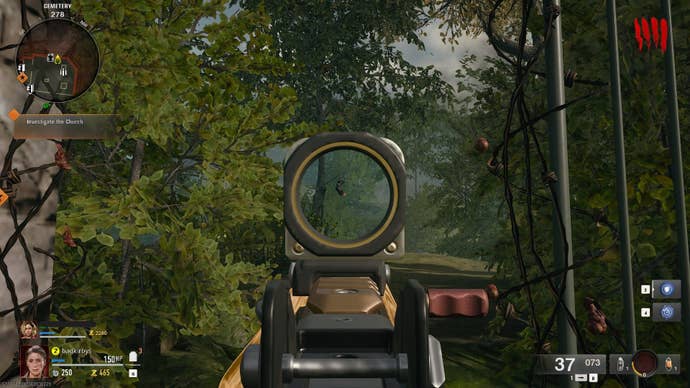 The player aims at a pair of bowling shoes inside of a zombie spawn point on Liberty Falls in Call of Duty: Black Ops 6