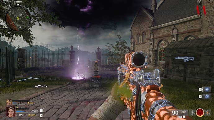 The player looks at a lightning storm in the Liberty Falls Cemetery in Call of Duty: Black Ops 6