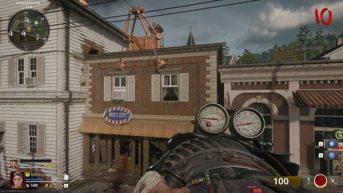 The player aims the Jet Gun at an LTG component in a window in Call of Duty: Black Ops 6