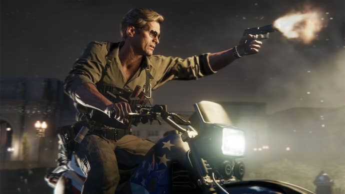 Official Call of Duty: Black Ops 6 screenshot showing Adler shooting a gun while riding a motorbike