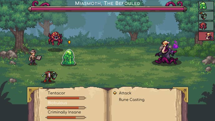 The player fights a boss, Miasmoth, in Book of Abominations