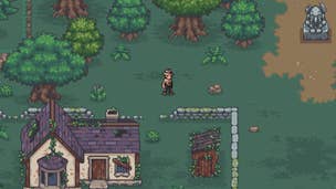 The player stands outside of their home in a small forest in Book of Abominations