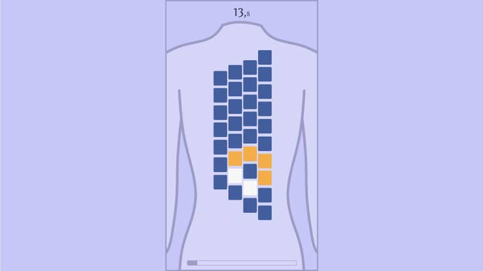 A screenshot of Back Scratching Simulator 2023 that shows a keyboard against someone’s back, with certain keys highlighted yellow.