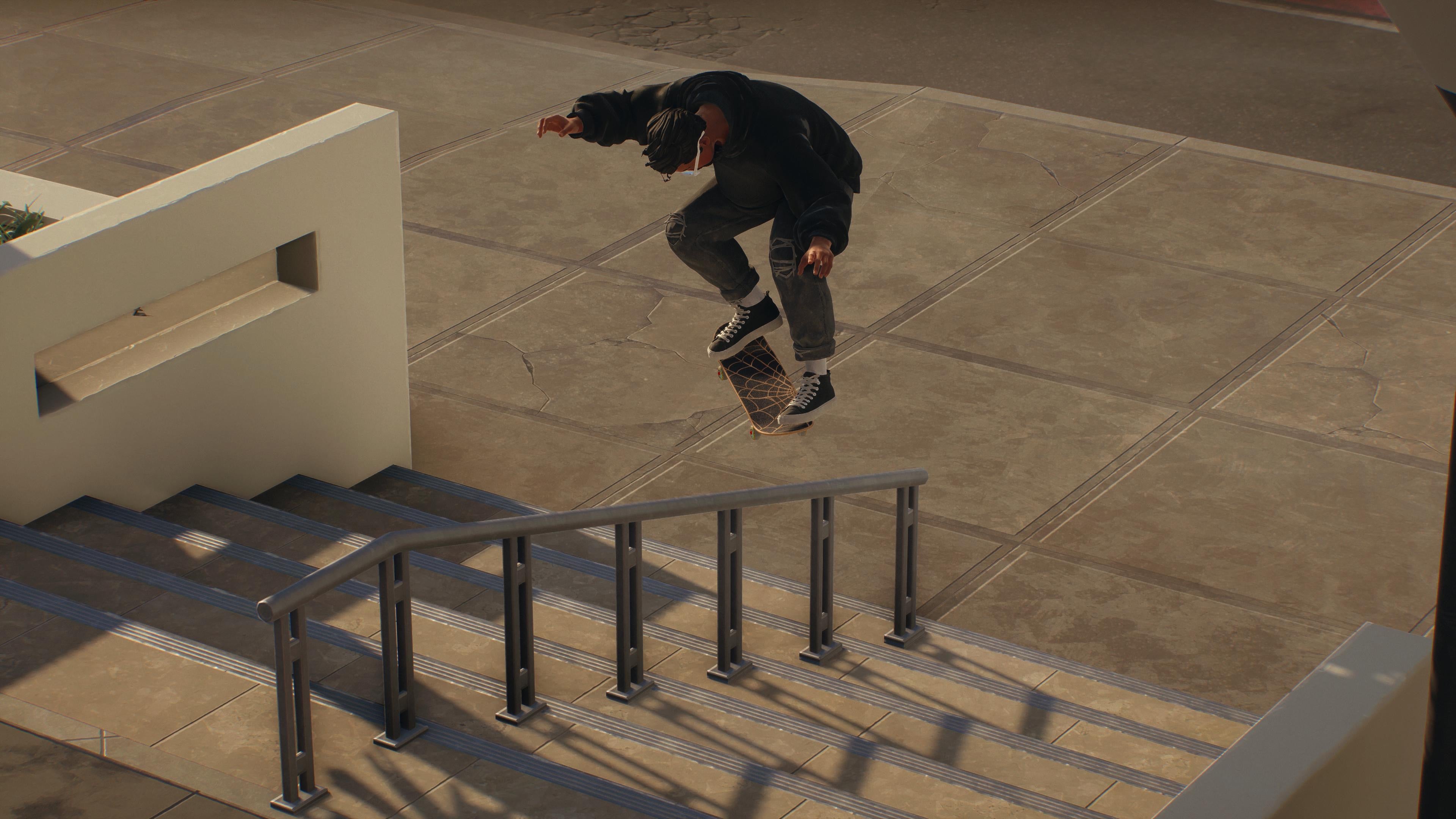 A Skate. player performing a backside flip over a handrail