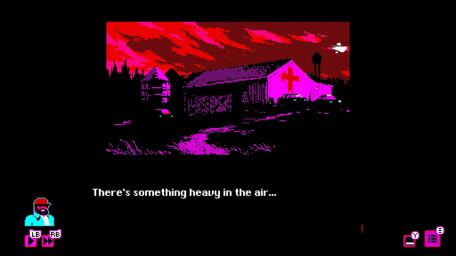 A barn with a cross painted on the side in this shot from Bahnsen Knights. Text reads: &ldquo;There&rsquo;s something heavy in the air&hellip;"