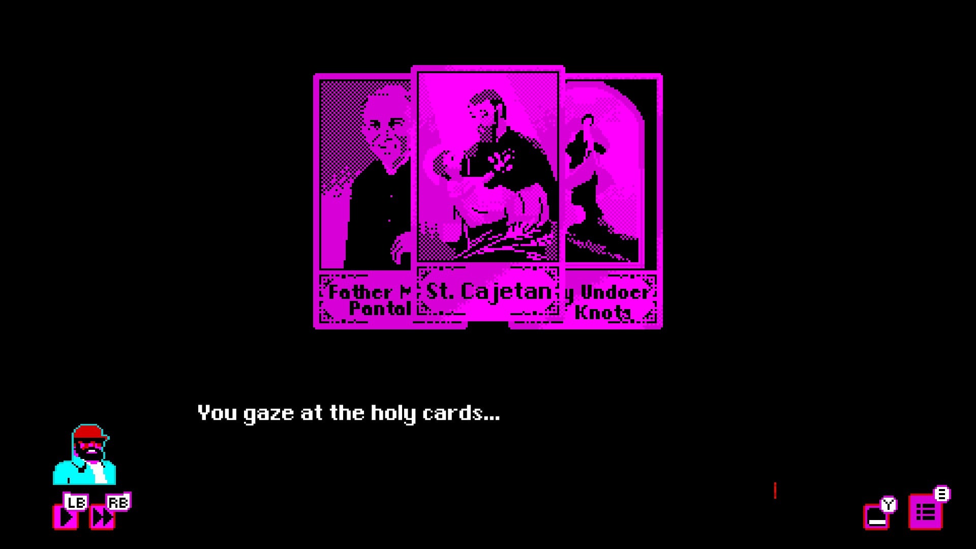 Three Tarot-like cards fill the screen in this shot from Bahnsen Knights. Text reads: &ldquo;You gaze at the holy cards&hellip;"