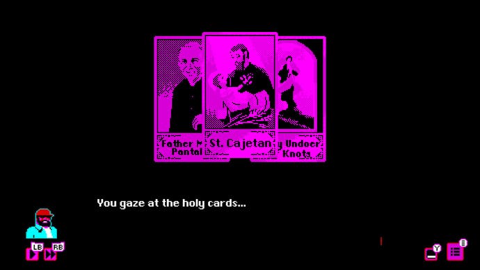 Three Tarot-like cards fill the screen in this shot from Bahnsen Knights. Text reads: "You gaze at the holy cards..."