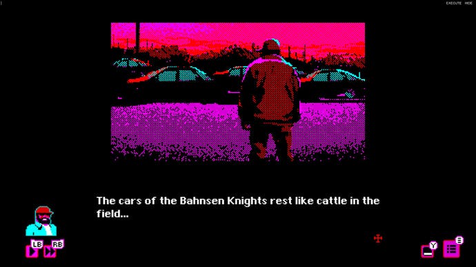 A man stands with his back to us facing a parking lot filled with cars in this image from Bahnsen Knights. Text reads: "The cars of the Bahnsen Knights rest like cattle in the field..."