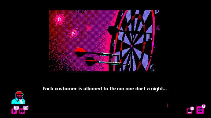 A shot of a dart board with two darts stuck in it in this image from Bahnsen Knights. Text reads: "Each customer is allowed to throw one dart a night..."