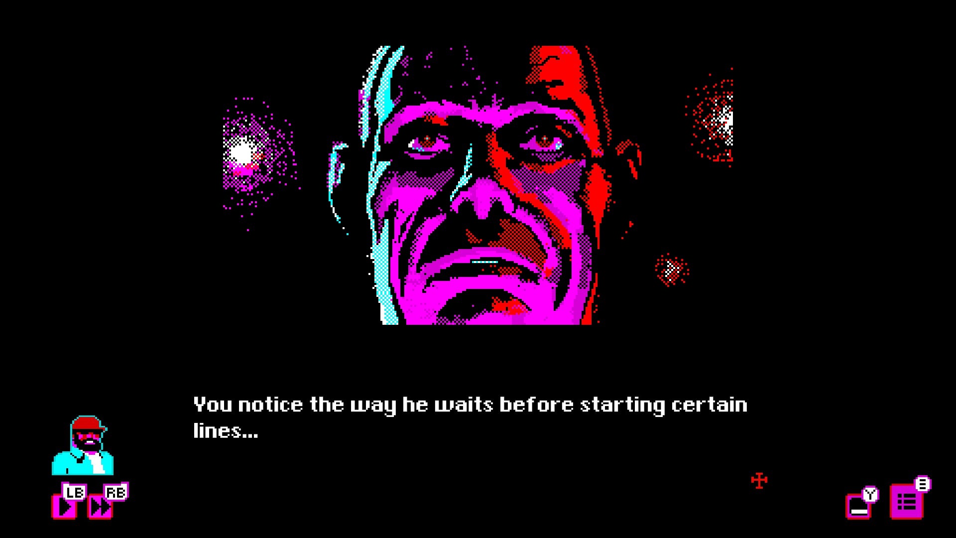 A frightening portrait of a serious looking man&rsquo;s head in this screen from Bahnsen Knights. Text reads: &ldquo;You notice the way he waits before starting certain lines&hellip;"