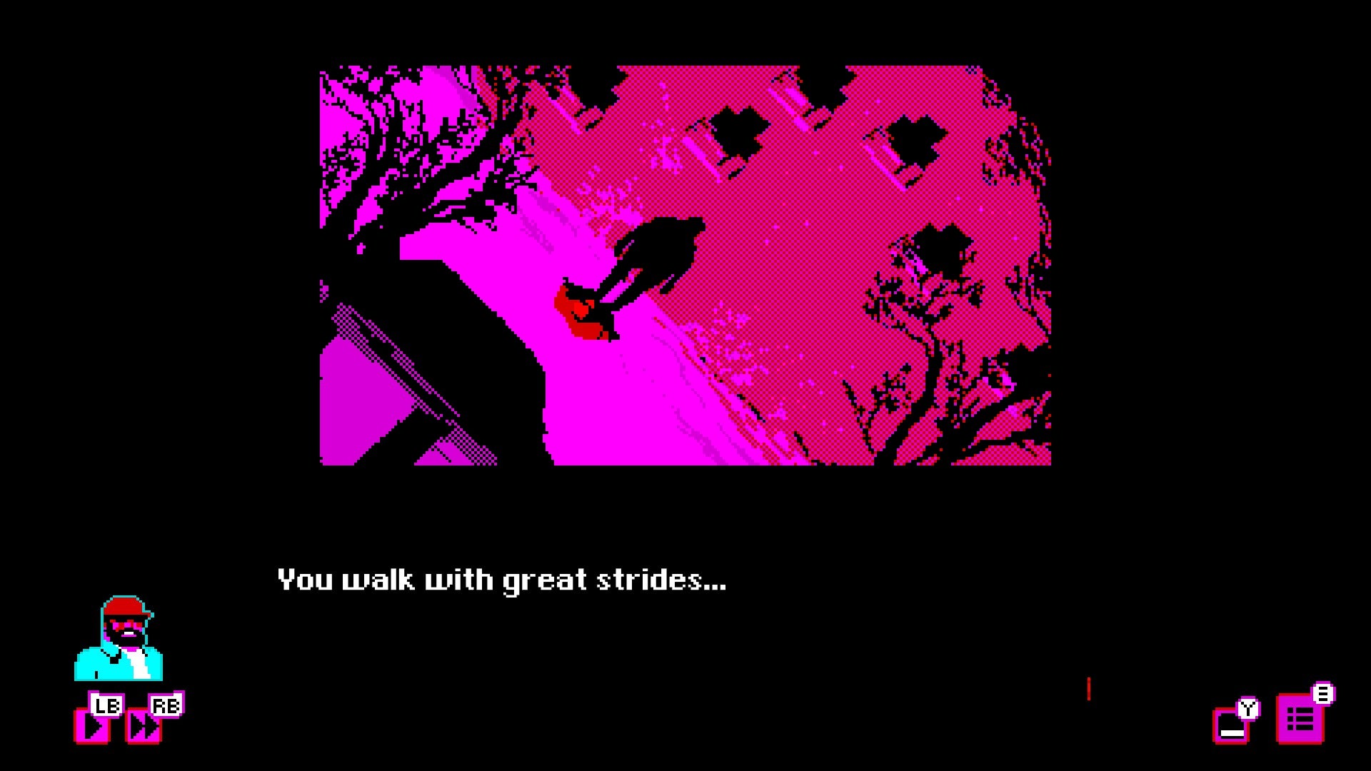 A man walks through a graveyard in this screen from Bahnsen Knights. Text reads: &ldquo;You walk with great strides&hellip;"