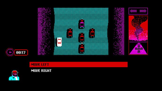 We are above a road in this screen from Bahnsen Knights, looking down as a white car tries to navigate a block of black cars. Text options read Move Left and Move Right. Move Left is highlighted. There are 17 seconds left on the clock.