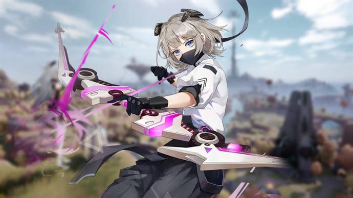 Tower of Fantasy image showing Bai Ling against a blurred backdrop of a cloudy sky over a craggy grassland.